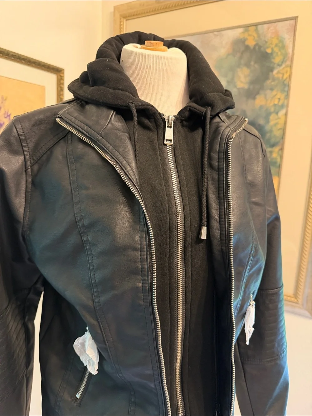 NWT Novish Collection Black Faux Leather Zip Jacket with Hoodie Layer Size MP